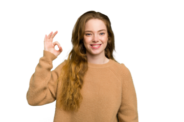Young caucasian redhead woman isolated cheerful and confident showing ok gesture.