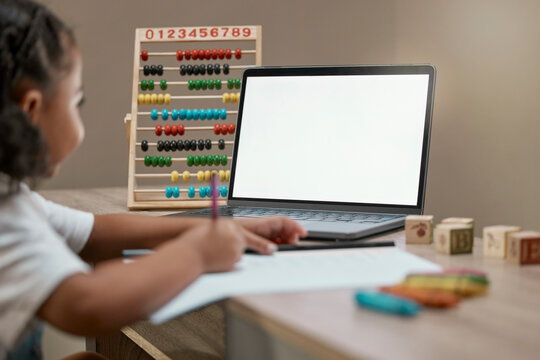 Child, blank laptop and homework for distance learning and online education during math lesson. Abacus, pc and elearning with a little girl streaming her internet class for mathematics and writing