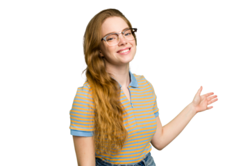 Young caucasian redhead woman isolated showing a welcome expression.