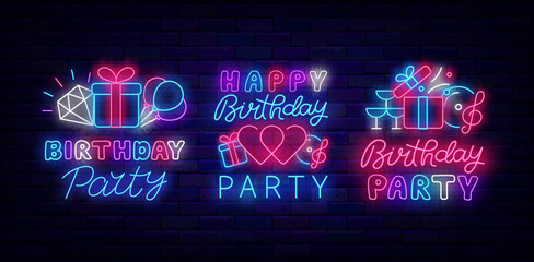 Happy Birthday party neon labels collection. Holiday celebration. Gift box, heart and diamond. Vector illustration