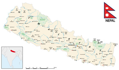 Detailed map of the Asian Himalayan state of Nepal - obrazy, fototapety, plakaty