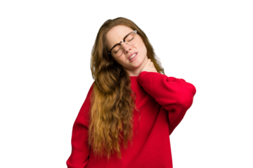 Young caucasian redhead woman isolated suffering neck pain due to sedentary lifestyle.