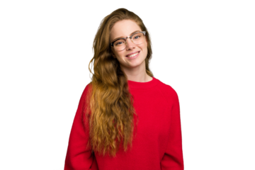 Young caucasian redhead woman isolated confident keeping hands on hips.