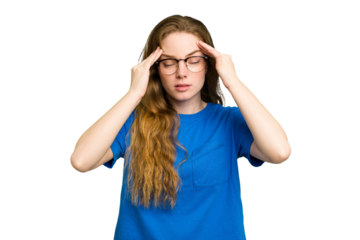 Young caucasian redhead woman isolated having a head ache, touching front of the face.
