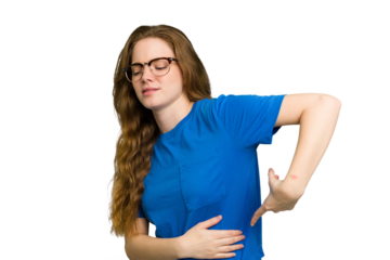 Young caucasian redhead woman isolated having a liver pain, stomach ache.