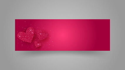 Valentine's day banner. Glitter hearts on red background