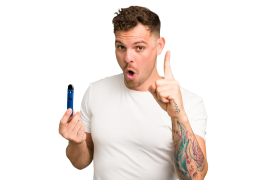 Young caucasian man holding a electronic cigarette isolated having an idea, inspiration concept.
