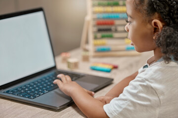 Girl learning, home and laptop for study, e-learning or video education at desk with in house. African female, child student and computer with tech, web or app in home school, development or studying