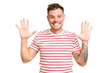 Young caucasian handsome man isolated showing number ten with hands.