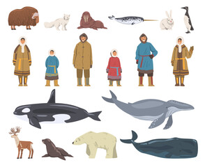 Polar Inhabitants and Animals as Arctic Sea Animals and People Wearing Eskimos Traditional Clothes Big Vector Set © Happypictures