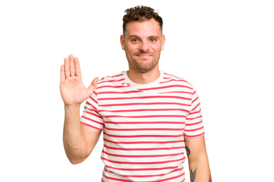 Young caucasian handsome man isolated smiling cheerful showing number five with fingers.