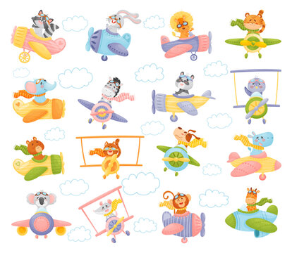 Collection of Cute Animals Pilots Flying on Retro Planes in the Sky Big Vector Set