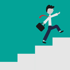 Businessman icon with suitcase climbing the stairs of success. Cute catroon character. Flat design. Vector illustration.