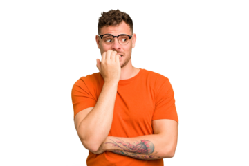 Young caucasian handsome man isolated biting fingernails, nervous and very anxious.