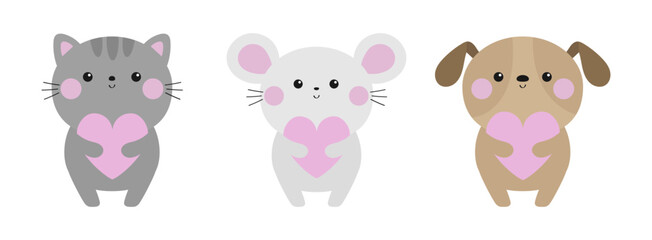 Cat dog mouse icon set holding pink heart. Funny head face. Happy Valentines Day. Cute funny kawaii doodle baby animal. Cartoon character. Kitten kitty puppy pooch. Flat design. White background.
