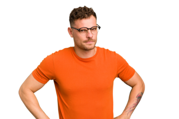 Young caucasian handsome man isolated frowning face in displeasure, keeps arms folded.