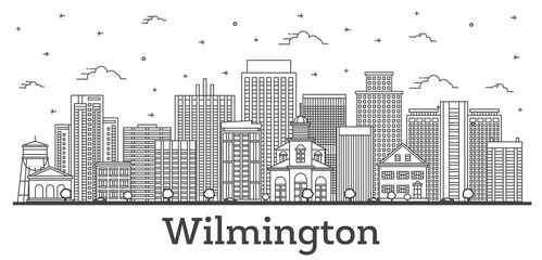 Outline Wilmington Delaware USA City Skyline with Historic Buildings Isolated on White.