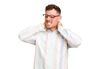 Young caucasian handsome man isolated suffering neck pain due to sedentary lifestyle.