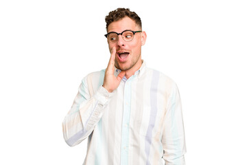 Young caucasian handsome man isolated shouting excited to front.