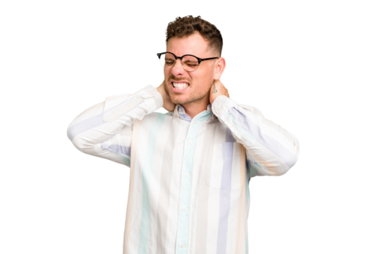 Young caucasian handsome man isolated suffering neck pain due to sedentary lifestyle.