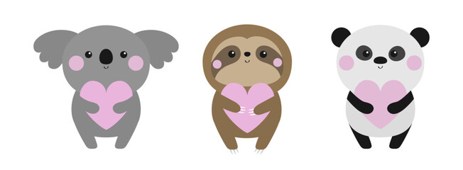Sloth koala panda bear set icon holding pink heart. Cute kawaii cartoon baby character. Pink cheek. Happy Valentines Day. Love Greeting card template. White background. Flat design. © worldofvector