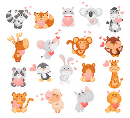 Cute Animal Character with Pink Heart Feeling Love Big Vector Set
