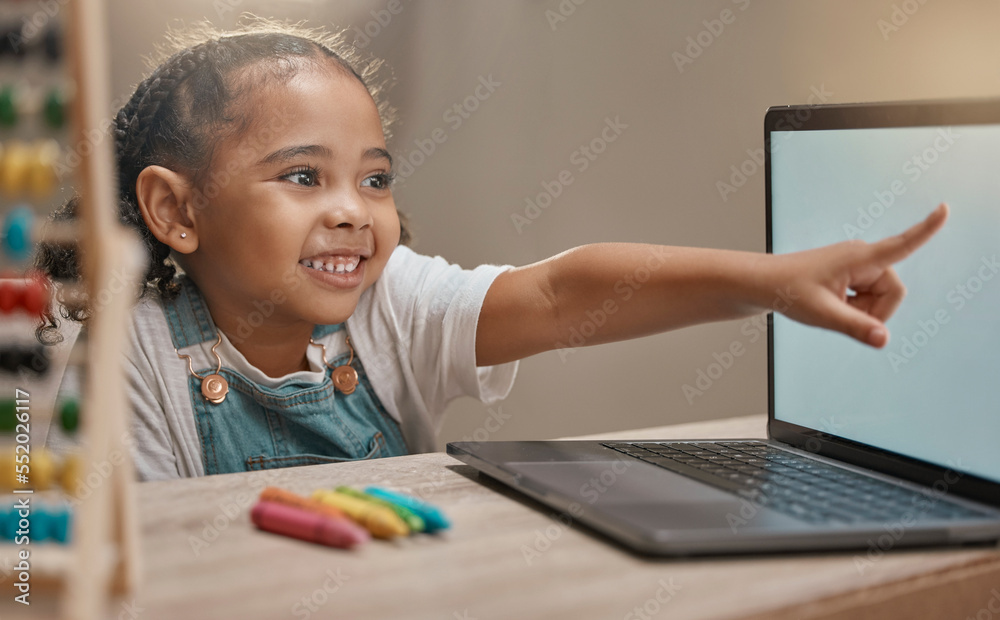 Poster education, home school and elearning with a student girl pointing at a laptop while studying for dev