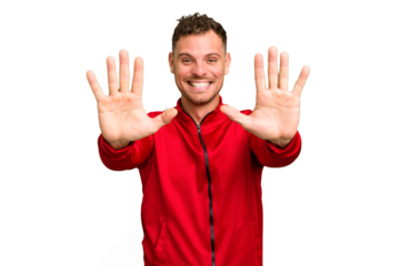 Young caucasian handsome man isolated showing number ten with hands.