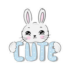 adorable baby animal bunny with inscription Cute, T-shirt graphics for kids vector illustration