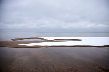 Winter photo on Baltic sea coast with some snow on the shoal, selective focus