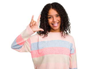 Young Brazilian curly hair cute woman isolated showing a horns gesture as a revolution concept.