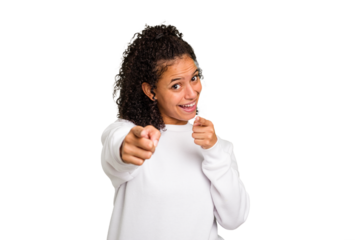 Young Brazilian curly hair cute woman isolated cheerful smiles pointing to front.