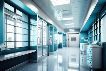 Modern hallway in hospital clinic with clean emergency room (Generative AI)