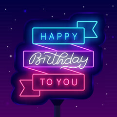 Happy Birthday to you neon street billboard. Multicolored ribbon frame. Vector stock illustration