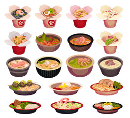 Asian Food and Dish Served in Carton Box and Bowl with Noodles and Seafood Big Vector Set