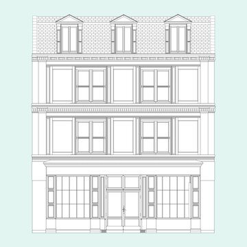 Oldfashioned brick building Coloring Book in realistic style. European facade house front view.