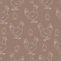 Fototapeta premium Seamless pattern with feathers and chickens with chick, outline contour . Agricultural background.