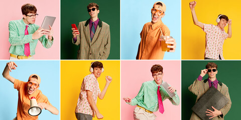 Collage. Portraits of young boy, student in different images and fashion styles over multicolored background. Positive emotions, diversity, happy lifestyle