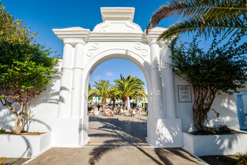Obraz premium Entrance to picturesque settlement called Pueblo Marinero designed by Cesar Manrique located in Costa Teguise, Lanzarote, Canary Island