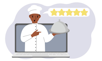 A site with reviews of online grocery shopping through a laptop or ordering fast food delivery. The cook holds a tray with a lid or a plate with a lid.