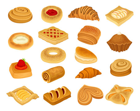Bakery and Pastry Products with Sweet Buns with Filling Big Vector Set