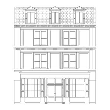 recommend clip art: Oldfashioned brick building Coloring Book in realistic style. European facade house front view. PNG illustration.