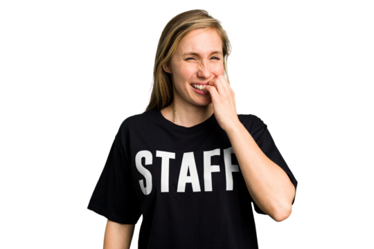 Young caucasian staff woman isolated biting fingernails, nervous and very anxious.