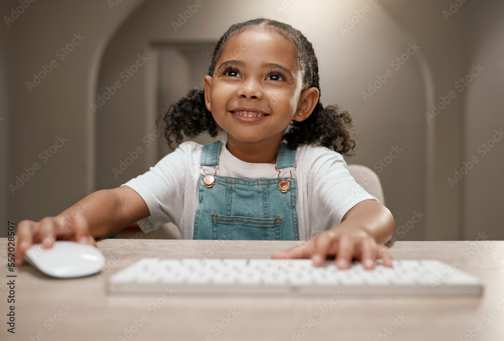 Poster Online education, elearning and girl on computer with a smile ready for digital knowledge. Web learning, kindergarten development and kid on online course training and learning on the internet