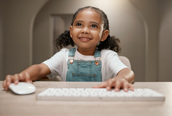 Online education, elearning and girl on computer with a smile ready for digital knowledge. Web...