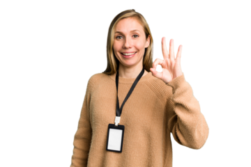 Young caucasian woman with ID card isolated cheerful and confident showing ok gesture.