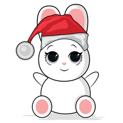 Christmas Happy New Year 2023. Christmas Cute white funny rabbit.  Christmas Bunny character