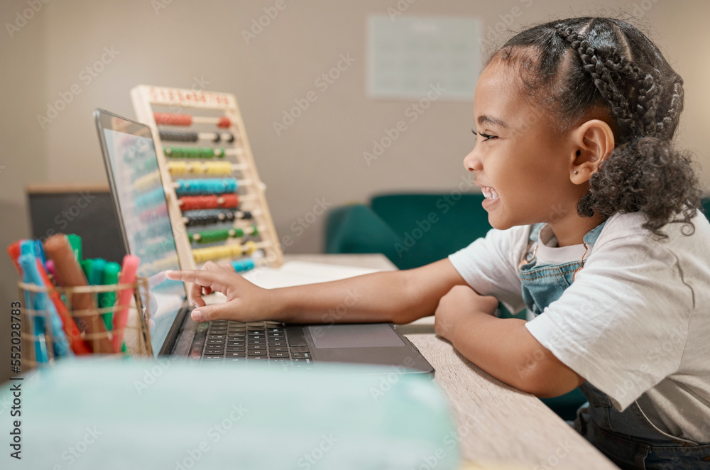 Aufkleber home learning, online education and girl with happiness studying math on a digital computer app. sch