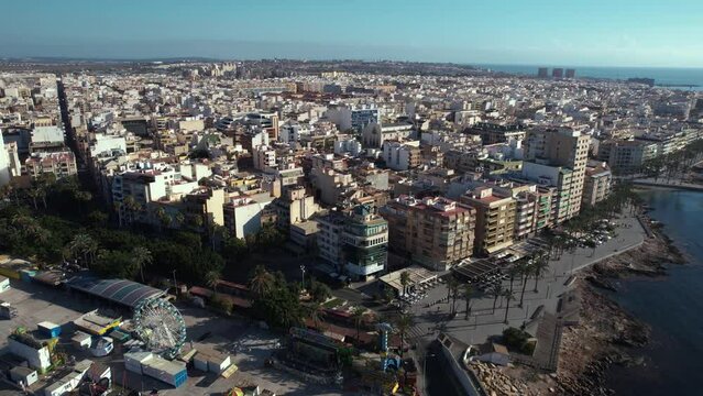 Torrevieja. Costa Blanca, Spain. Aerial View of Cityscape, Touristic Town, Waterfront Buildings and Promenade