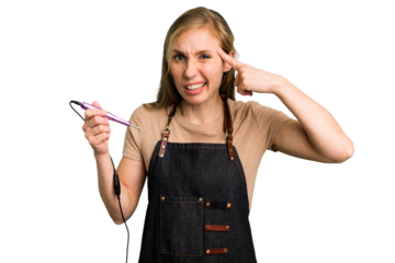 Young caucasian manicurist woman holding an electric file drill isolated showing a disappointment gesture with forefinger.